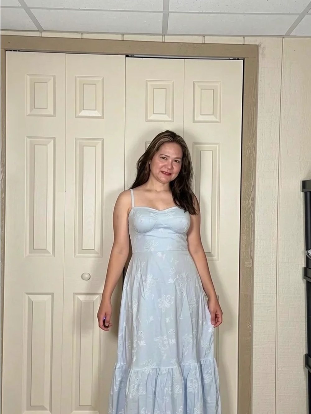 Light Blue eyelet Floral Maxi Dress with Spaghetti Straps